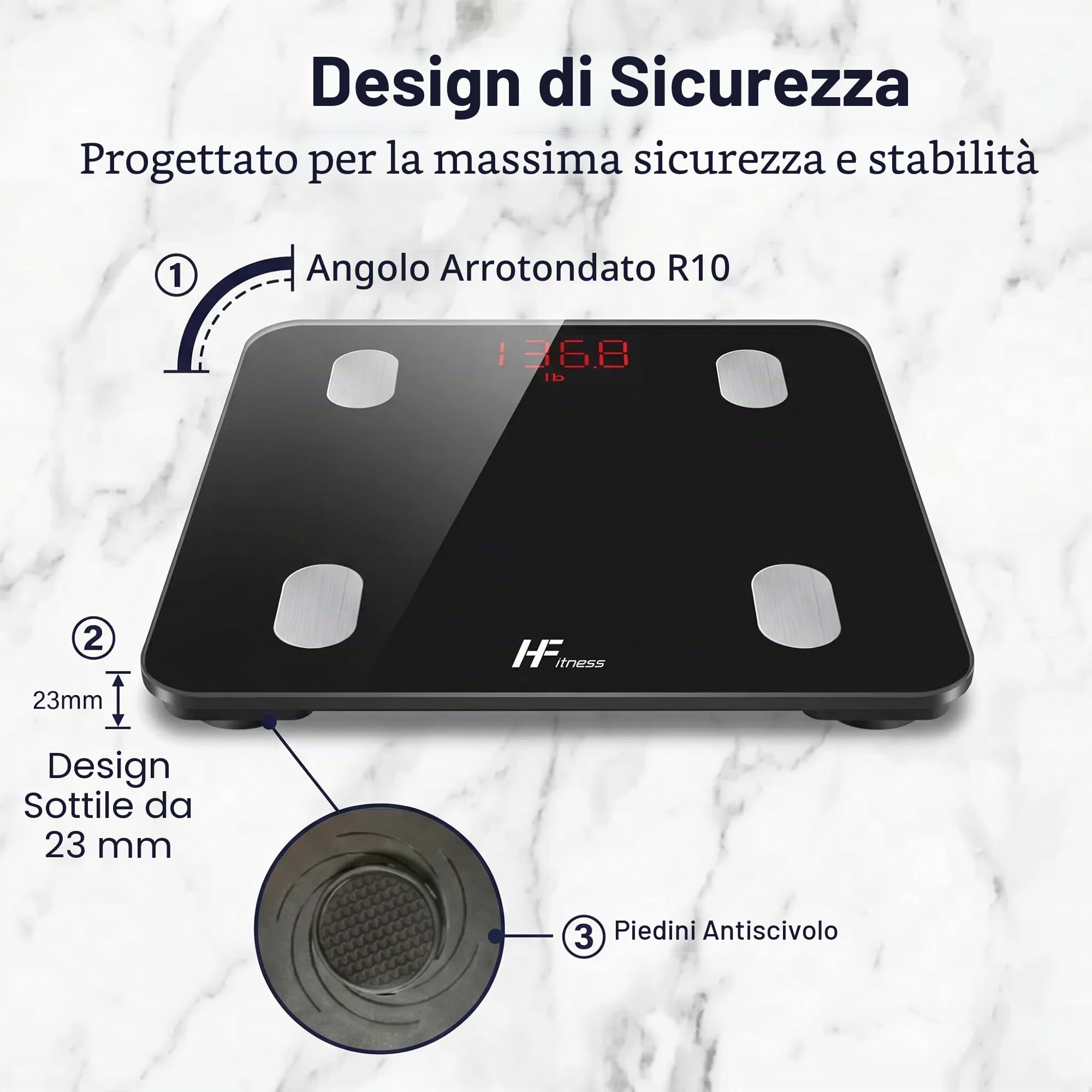 HF Bilancia Pesapersone, con 19 indici di composizione corporea Professionale Impedenziometrica Bluetooth Digitale con App Misura Peso, Massa Grassa, BMI