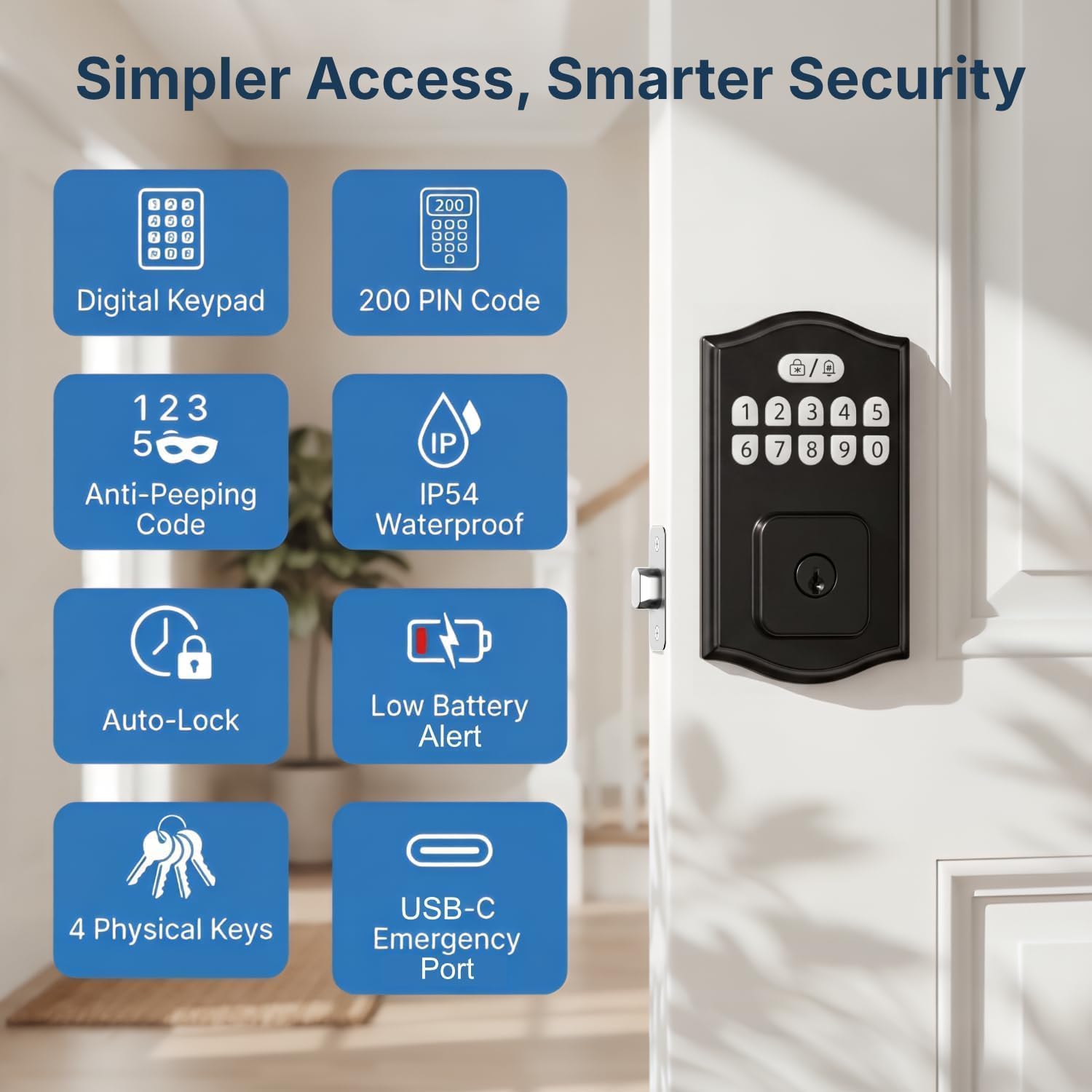Keyless Entry Door Lock, Smart Deadbolt with Keypad, Electronic Deadbolt with 200 User Codes & 4 Backup Keys, Auto-Lock Smart Door Lock for Front Door, Easy DIY Installation