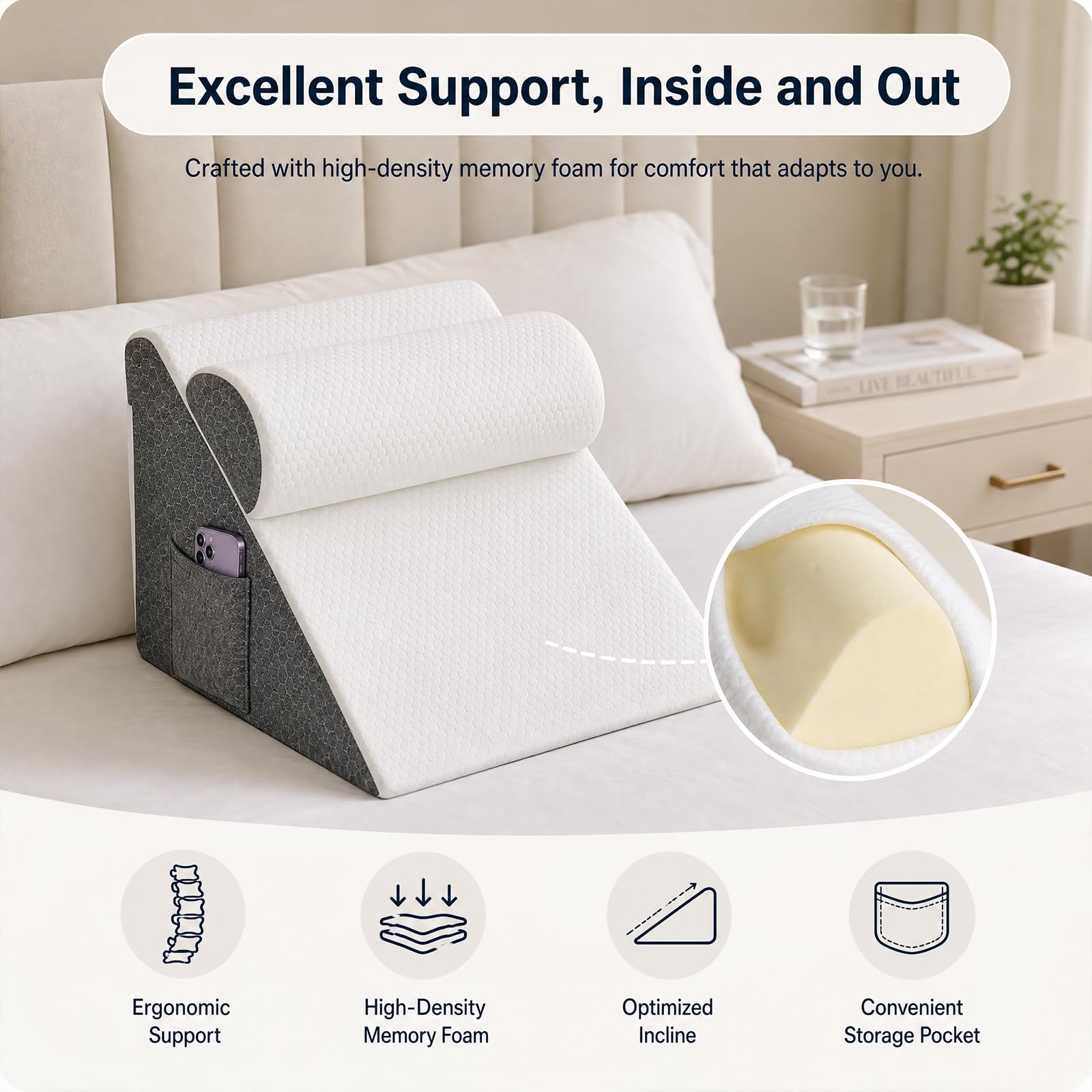 Cuscino inclinabile con angolazione regolabile,3-in-1 multifunzionale per letto e schiena, Cuscino triangolare ortopedico in memory foam