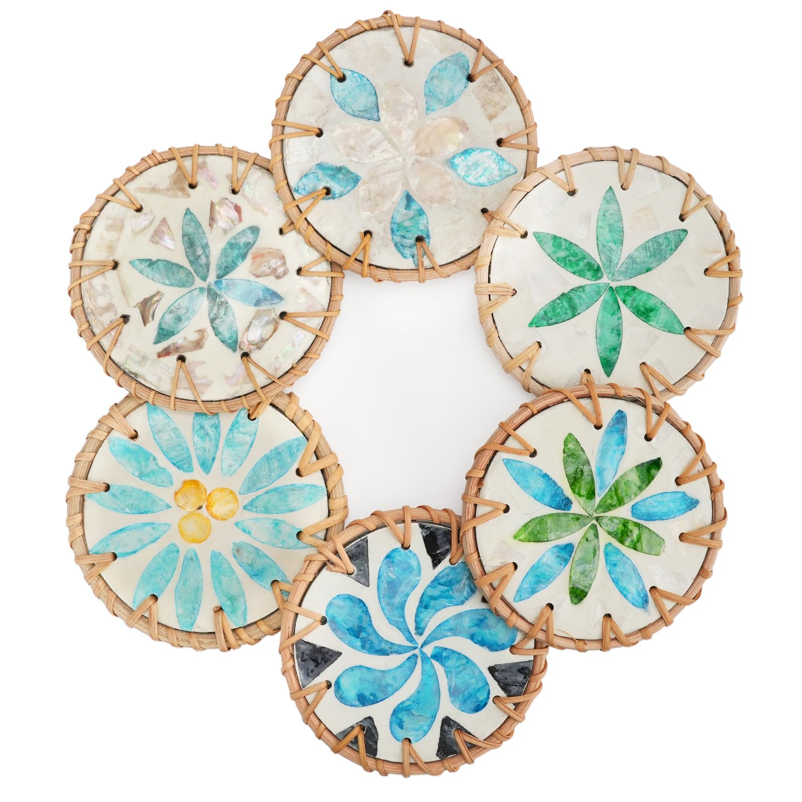 CRITIVE-S Coasters Set of 6, Boho Rattan and Mother of Pearl Unique Drink Coasters for Coffee Table, Ideas Handmade Aesthetic Home Wall Decor House Warming Gift for New Home