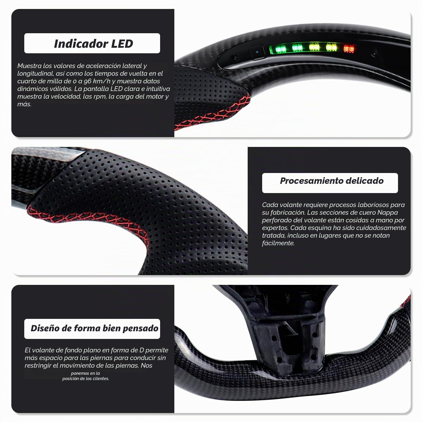 Volante de fibra de carbono, volante de cuero en forma de D, parte inferior plana, indicador de cambio de marchas LED, mango de cuero perforado para VW Volkswagen Golf MK6 GTI 2008-2014