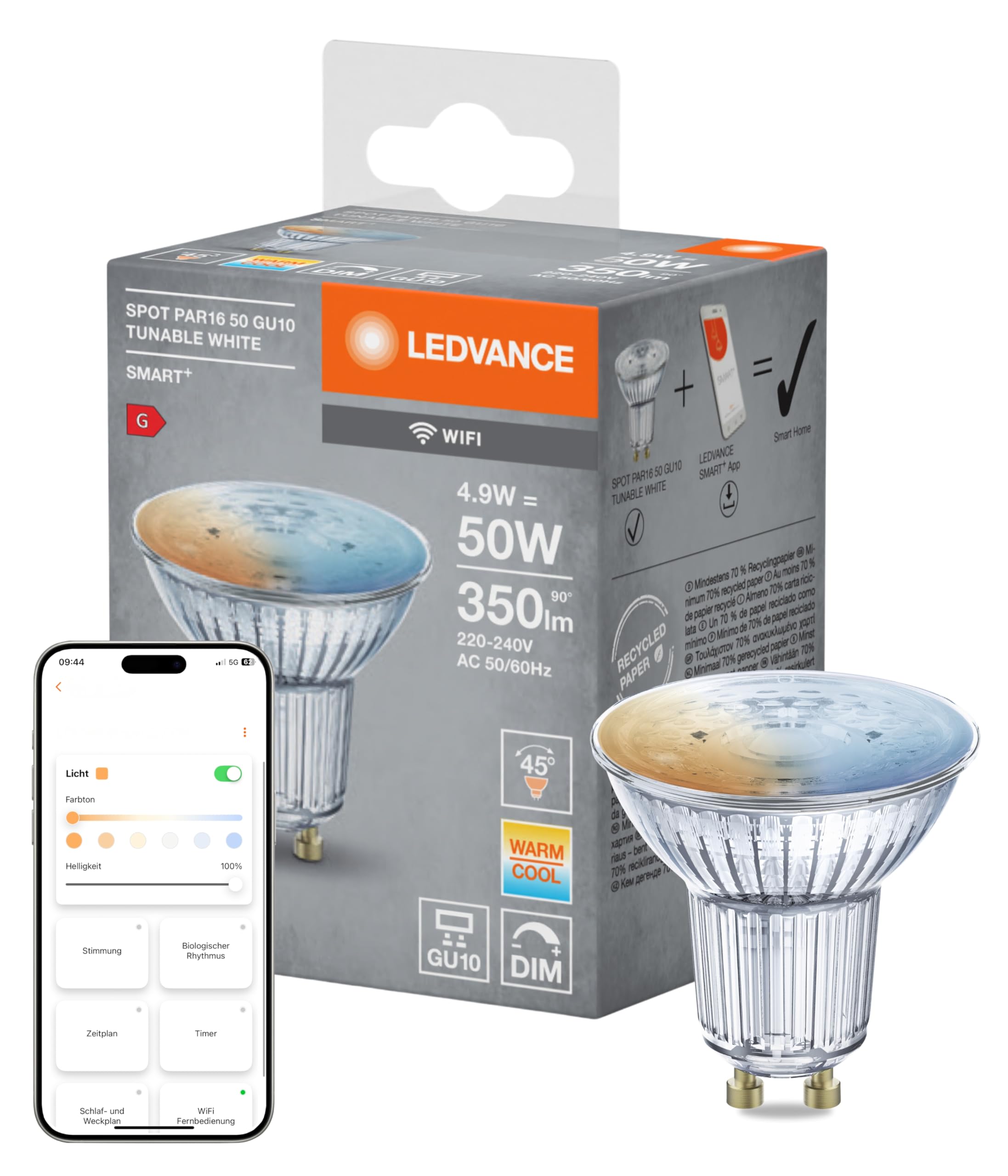 Ledvance Smarte LED-Reflektorlampe mit WiFi Technologie, Sockel GU10, Lichtfarbe änderbar (2700-6500K), Dimmbar, ersetzt Reflektorlampen mit 40 W, SMART+ WiFi SPOT GU10 Tunable White, 1er-Pack