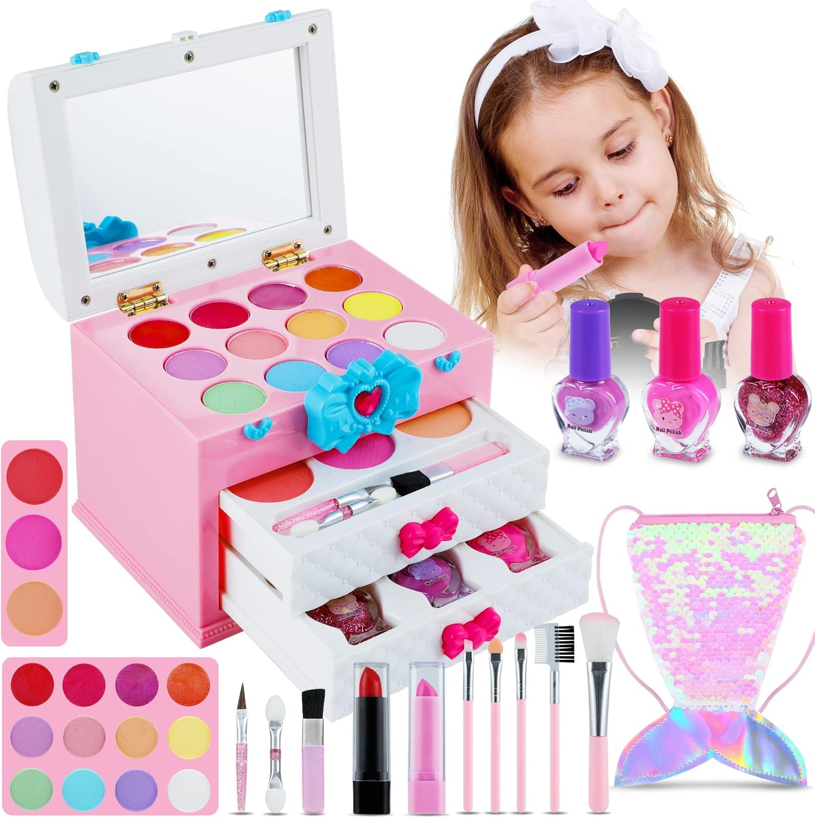 INNOCHEER Washable Kids Makeup Kit for Little Girls 3-8, Real Makeup Toy Set with Portable Makeup Box, Lipsticks, Brushes and Mirror for Kids Toddlers Pretend Play Birthday Christmas