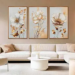 Kit com 3 Quadros Decorativos 30x50 cm Floral Romantico Realista com Moldura Retangular Natural com 2cm de largura, na posição Vertical, ideal para ambiente de Sala, Quarto e Hall. Tamanho dos quadros montado na parede 50x94cm