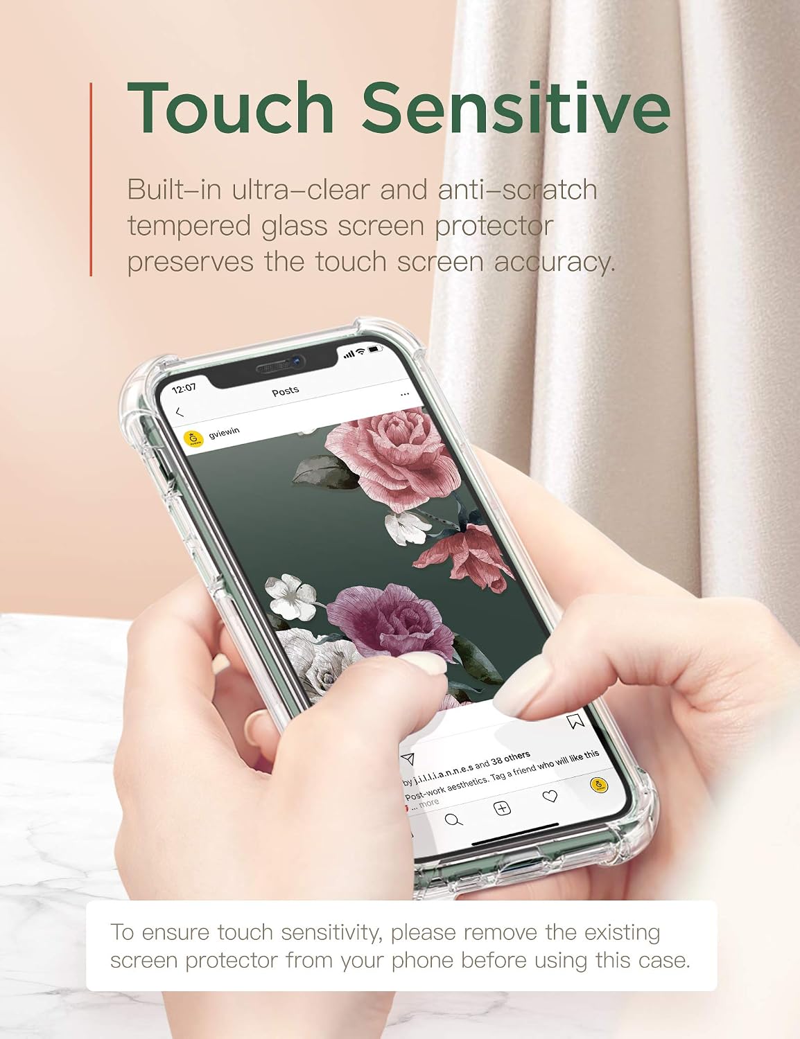 GVIEWIN Floden Series Case Compatible with iPhone 11 Pro Max 6.5 Inch 2019,[Built-in Tempered Glass Screen Protector] Full-Body Clear Floral Rugged Bumper Shockproof Case Cover (Rose/Dark Pink)