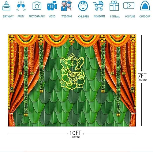 Miniatura 8 de Ticuenicoa Fondo de fotografía tradicional India Pooja de 5 x 3 pies, diseño de hojas de plátano, fondo verde de Chatiya Ganesh, fondos de Puja