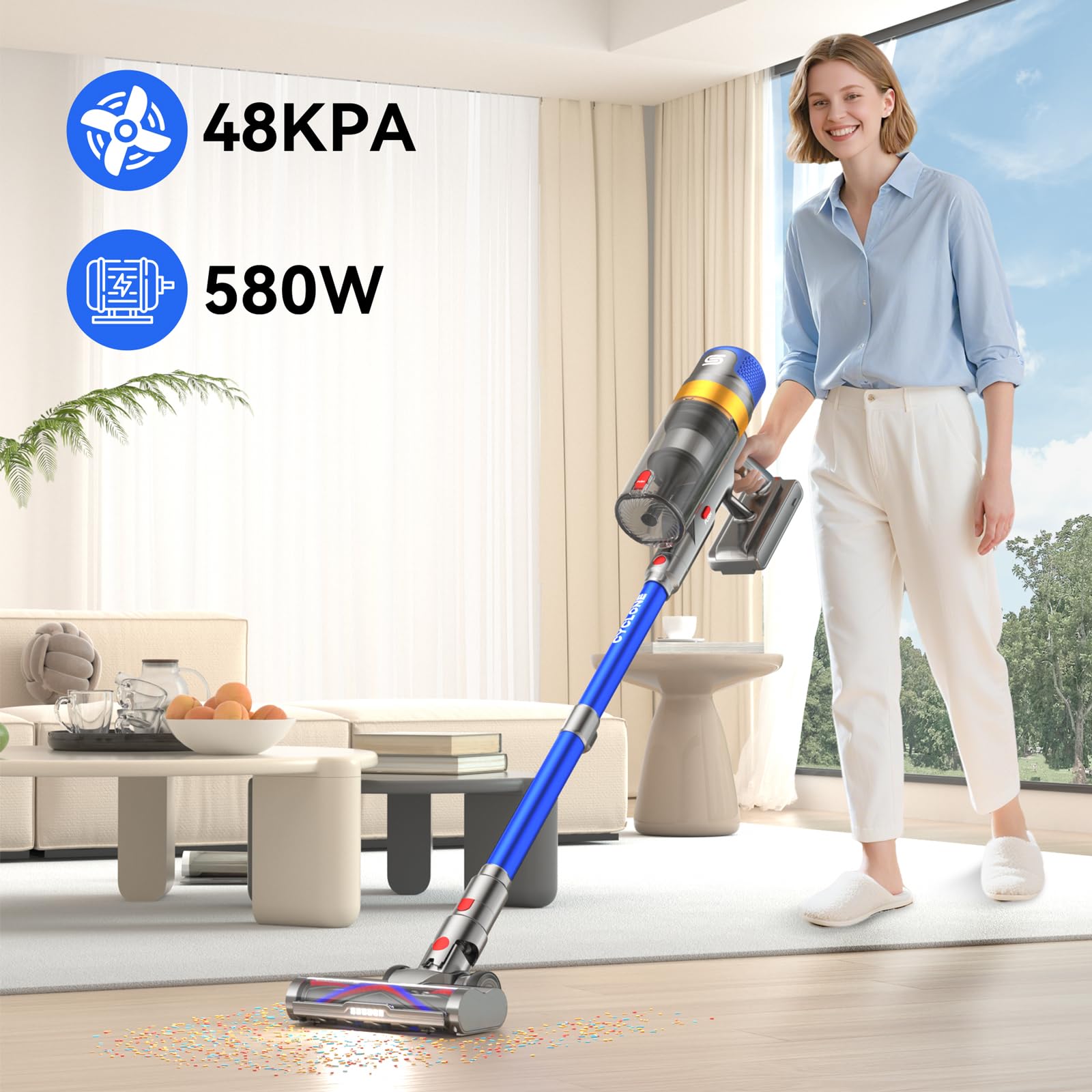 Aspirapolvere senza Fili 48Kpa 580W 70 Minuti, Scopa Elettrica senza Filo Potente con Smart Display, Anti Groviglio, 1.6L Capacità Vacuum Cleaner per Peli Animali Pavimenti Tappeti, X8