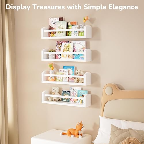 Miniatura 5 de Estantes para libros de guardería, 4 estantes flotantes blancos para pared, estantes festoneados de madera maciza de 16.5 pulgadas, estantería