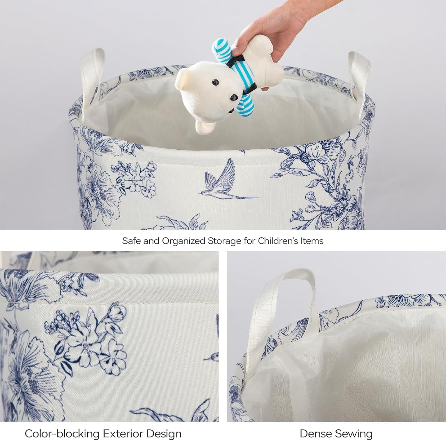 2Pcs Blue Floral Laundry Basket Cute Girls Nursery Hamper Kids Baby Flowers Room Decor Foldable Oxford Cloth Funny Tote Clothes Storage Bucket Organizer For Bedroom (Floral)