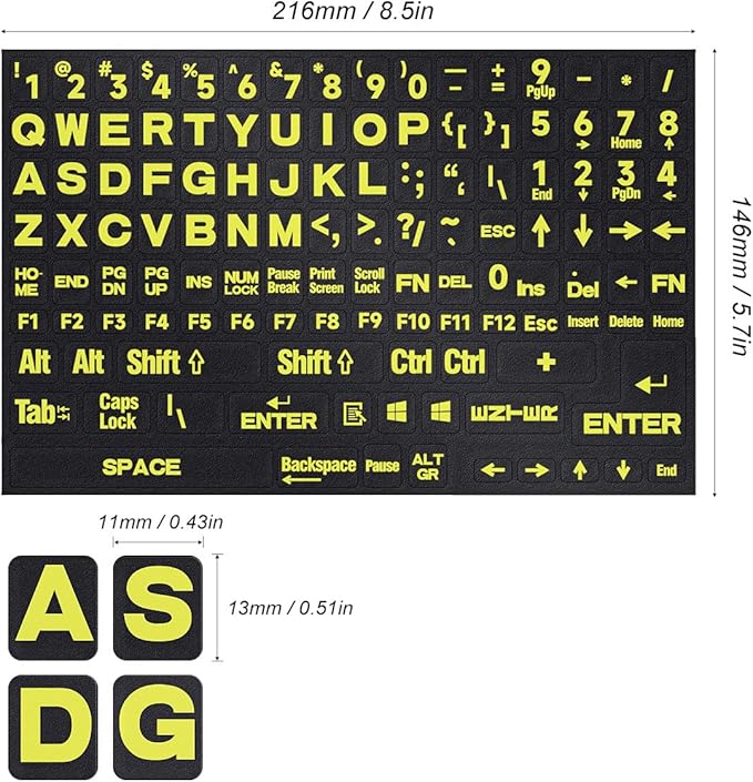 Stickers para teclado universal inglés letras grandes amarillo miniatura 5