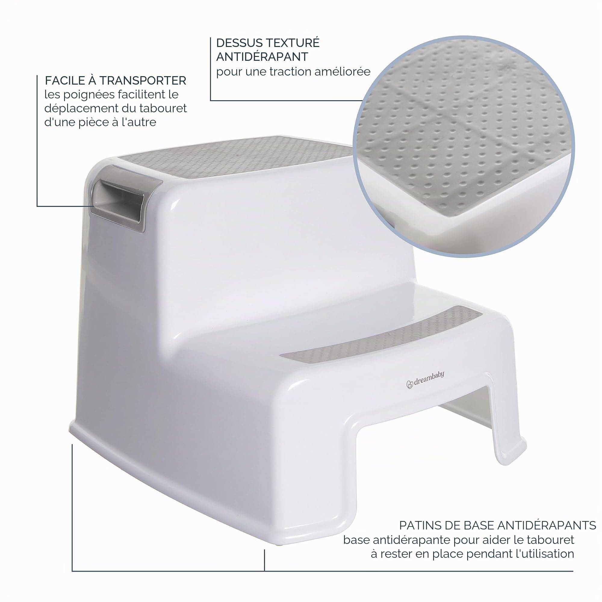 Dreambaby Marche-pieds/Tabouret avec 2 etapes pour enfants antidérapant, blanc et gris