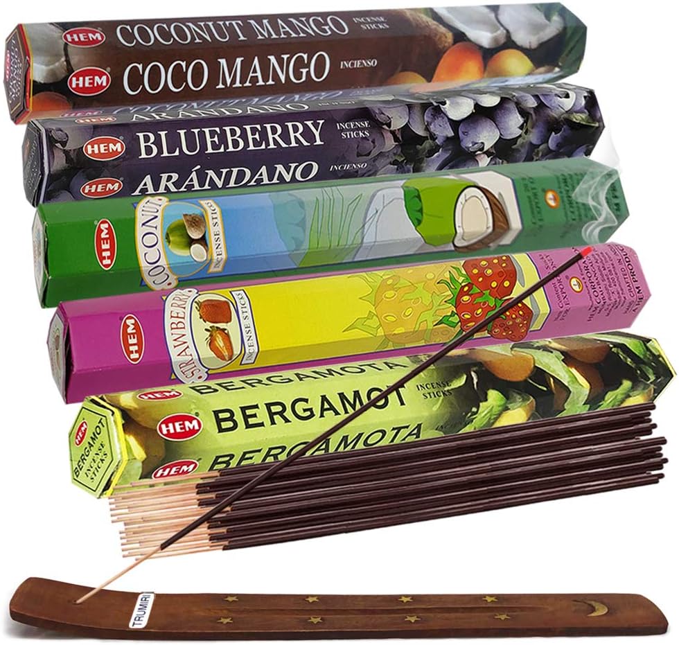 Hem Incense Sticks Variety Pack #11 and Incense Stick Holder Bundle with 5 Unique Fruity Fragrances