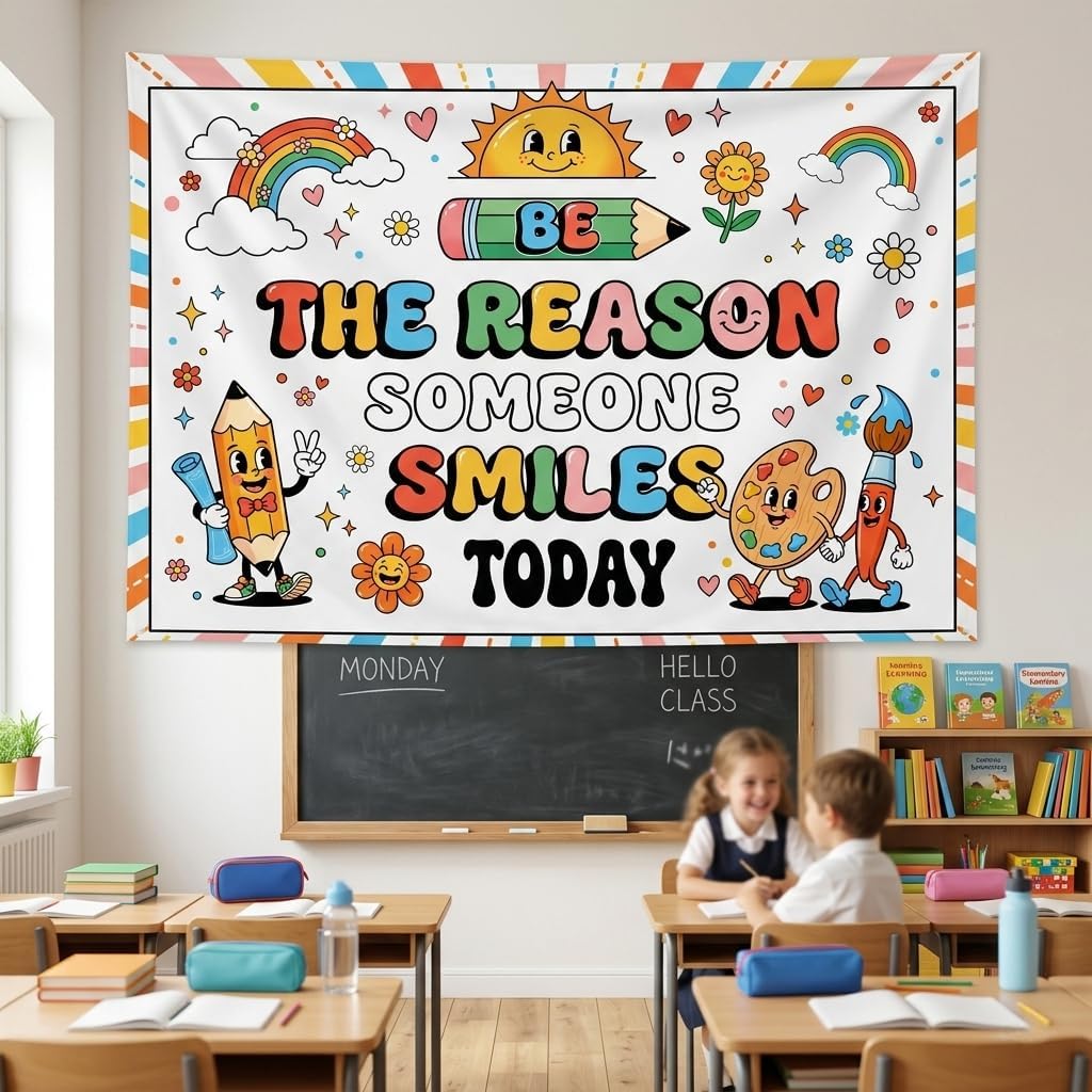 Boho Groovy Back to School Classroom Backdrop, Be The Reason Someone Smiles Today Welcome Banner, Motivational Decorations Rainbow Teacher Supplies Backdrops for Preschool Elementary School 7x5ft image 5