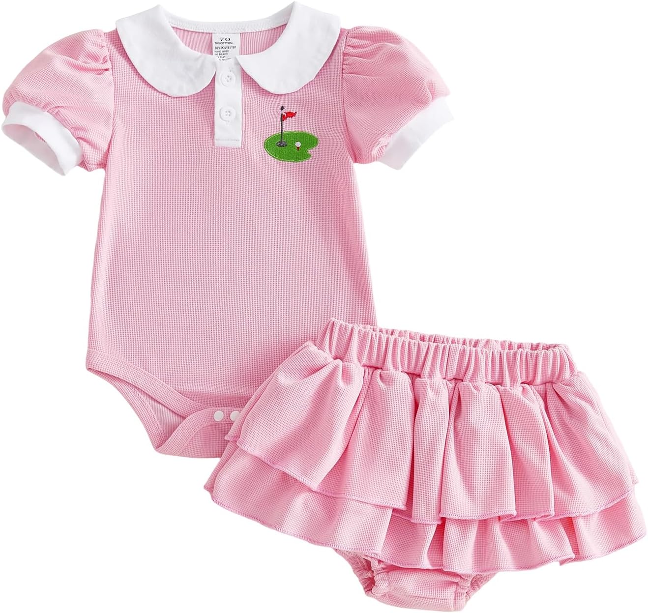 Honganda Infant Baby Girl Golf Outfit Short Sleeve Doll Collar Embroidery Romper with Ruffle Cake Smash Shorts Summer Set