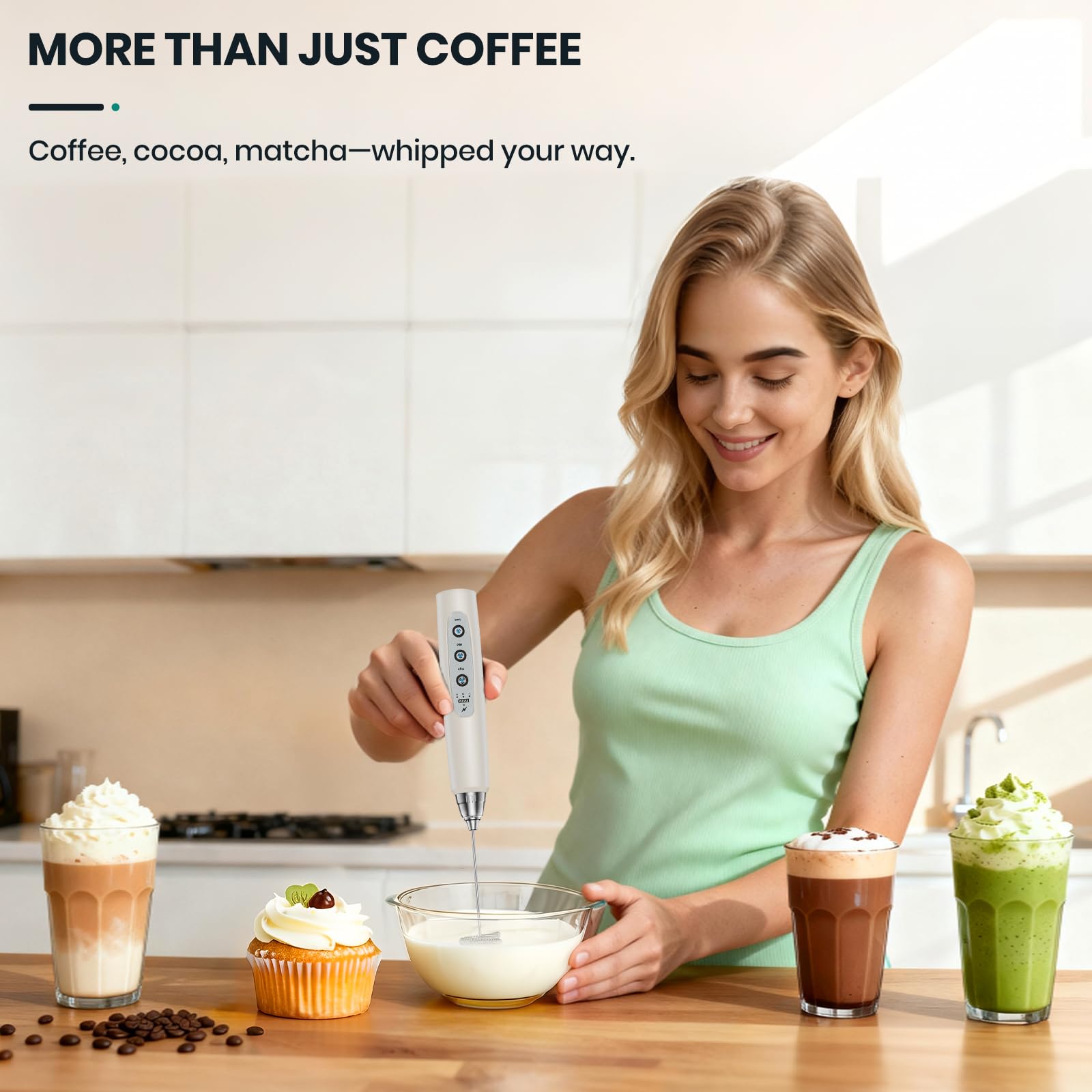Colarlemo Mousseur à lait portable rechargeable, fouet électrique pour café, amovible avec 3 fouets en acier inoxydable, mélangeur manuel pour latte, cappuccino, matcha, œuf, sans support, beige