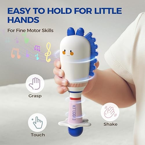 Miniatura 6 de Evoceler Juguetes para bebés, 2 juguetes de sonajeros y agitadores con mordedor, juguetes sensoriales para bebés de 0 + M, silicona suave sin BPA,
