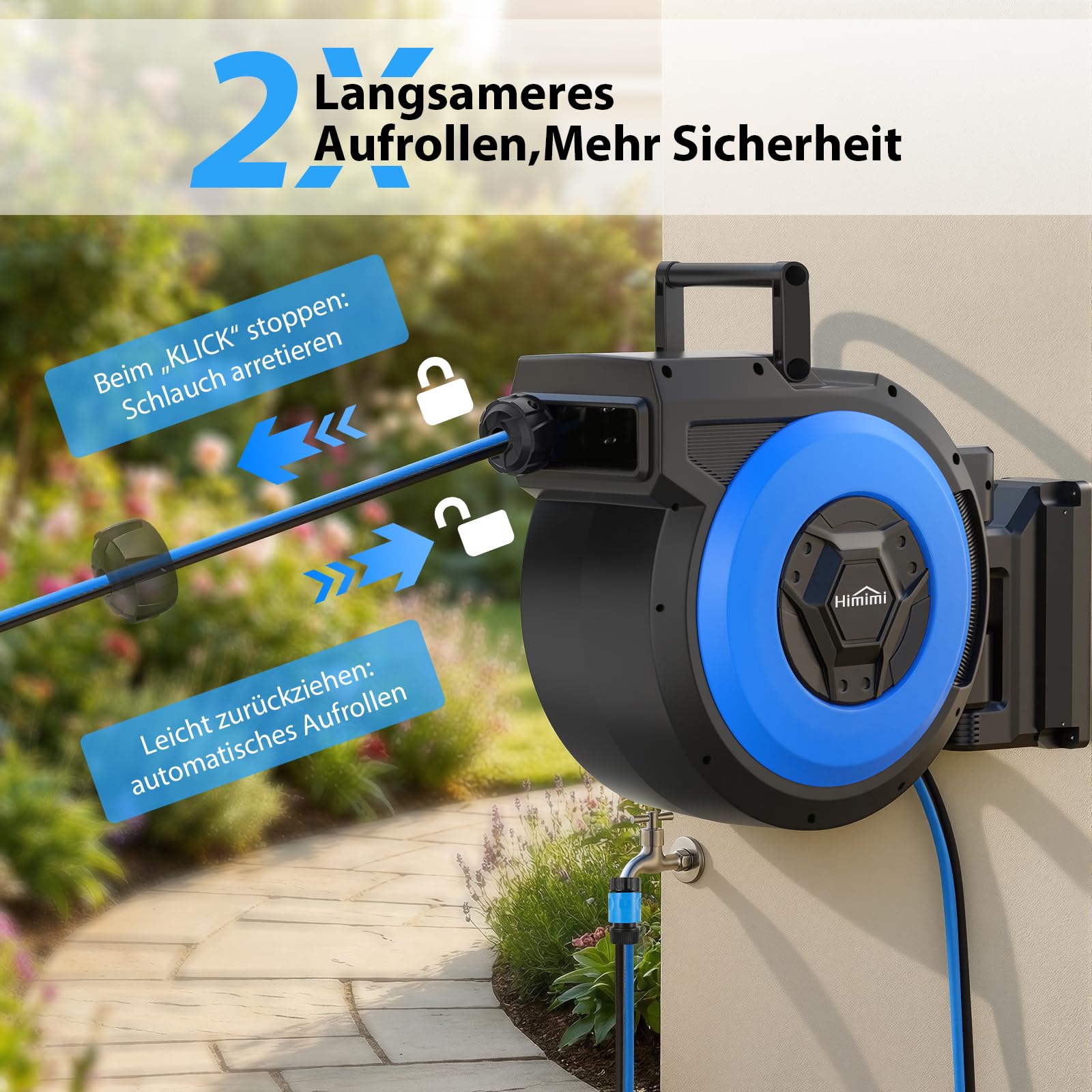 Himimi Schlauchtrommel Gartenschlauch 30m+2m, Wand-Schlauchbox 180° Schwenkbar, Automatischer Rückzug, 10-in-1 Multibrause, Arretierung in Jeder Länge – Garten & Autowaschen