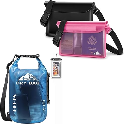 HEETA Bolsa seca impermeable para mujeres y hombres, paquete azul transparente de 5 litros con 2 bolsas impermeables con correa para la cintura