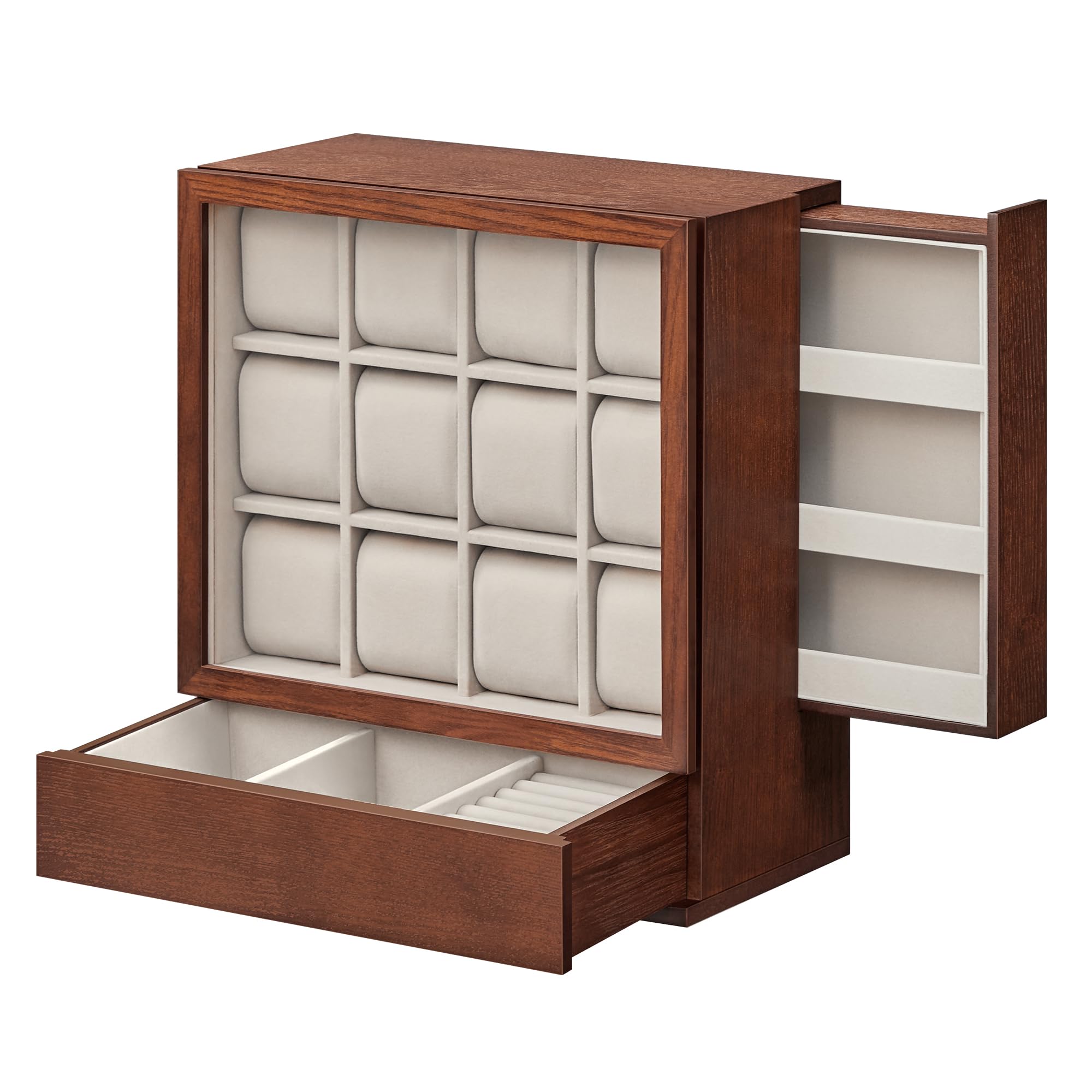 SONGMICS JOW014K01 Caja de relojes con 12 cajones, caja de reloj de madera con ventana, gabinete de exhibición de madera de chapa maciza, almacenamiento vertical, ahorro de espacio, idea