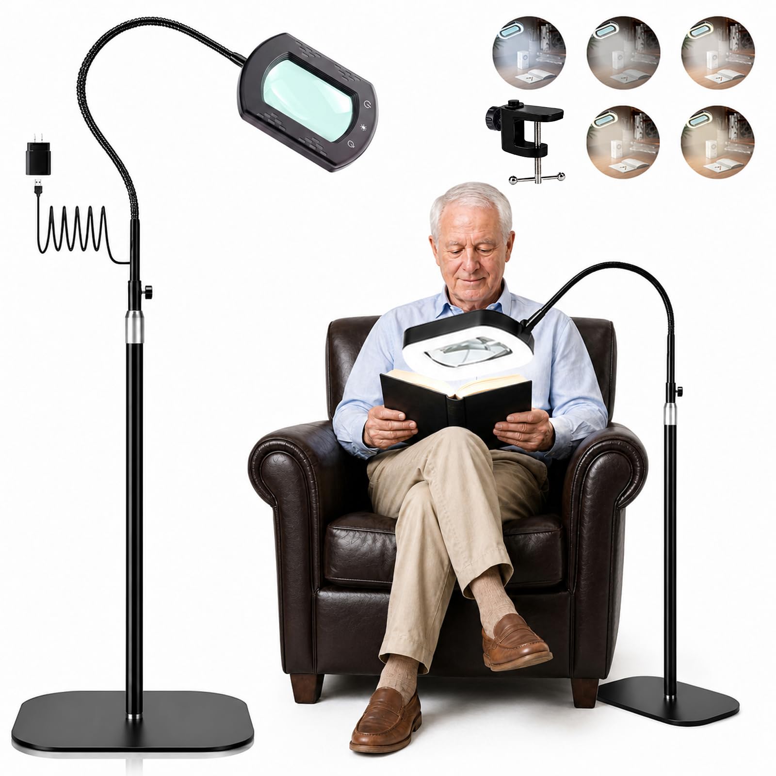 10 lupas con luz y soporte, 3 en 1 lupas de pie con 60 LED, lámpara rectangular de cuello de cisne con abrazadera, 5 modos de color regulable, sin manos, lupa de lectura con luz para personas mayores