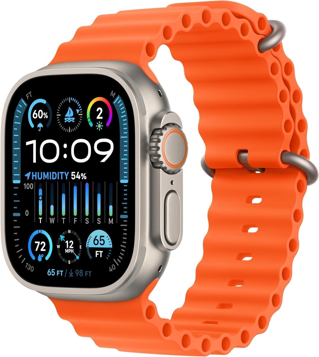 Apple Watch Ultra 2 [GPS + Cellular, 49mm] - Rugged Titanium Case with Orange Ocean Band, One Size (Renewed Premium)