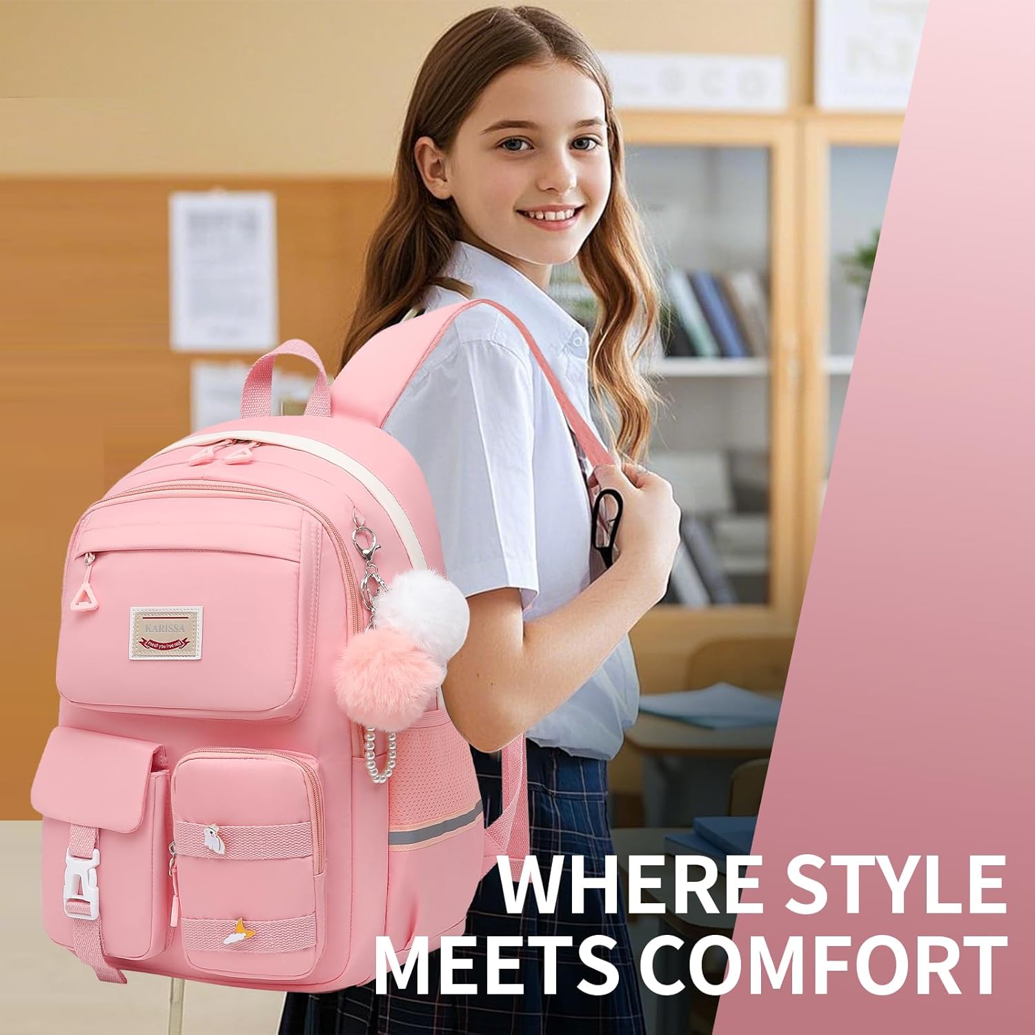 Alrisg Girls Backpack Student Laptop Book Bag with Multiple Pockets for Teen Kids Elementary Middle School Travel Daypack Pink