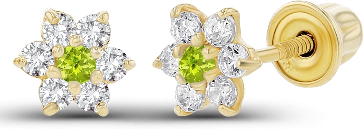 Solid 14K Gold 5mm Natural Birthstone Flower Screwback Stud Earrings | 1.50mm Birthstone | 1.25mm Created White Sapphire Flower Screwback Earring