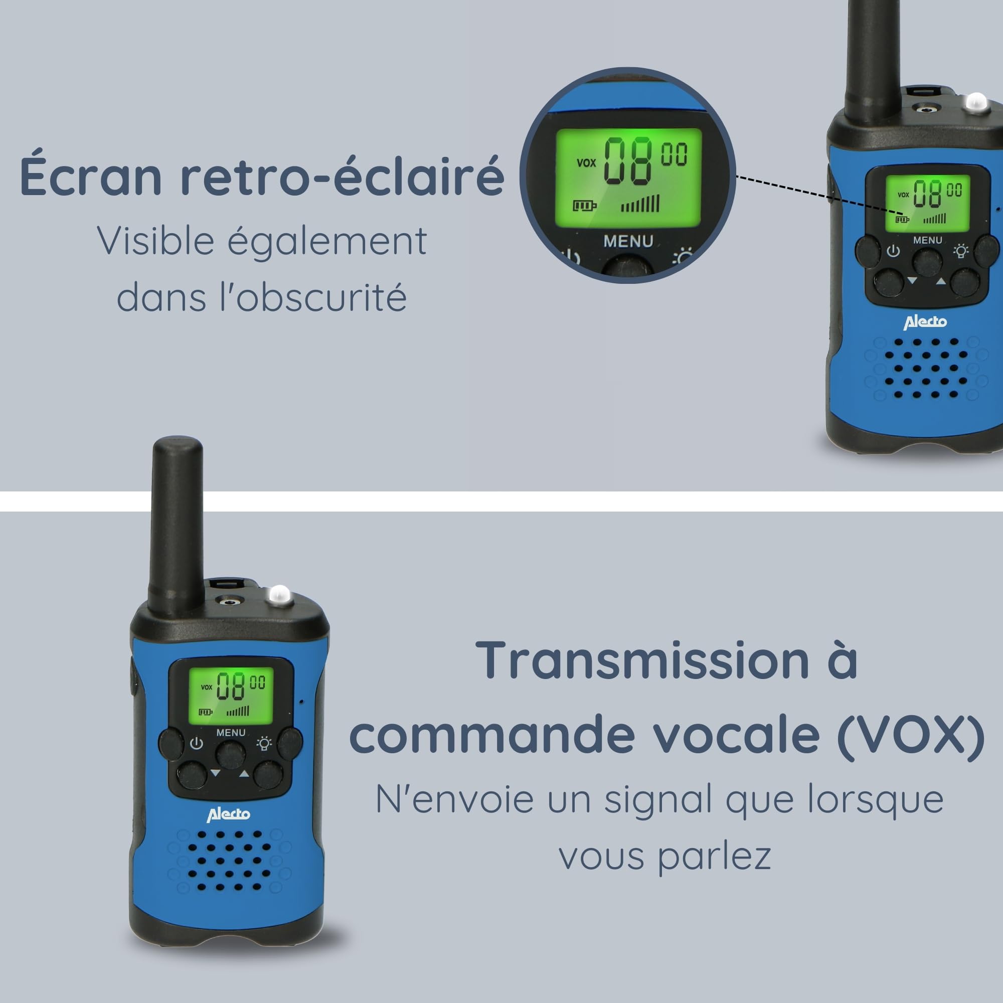 Alecto FR175BW Ensemble de Deux talkies-Walkies - Talki Walki avec portée jusqu'à 7 km - Talky Walky pour Les Enfants avec 8 canaux - Bleu/Noir