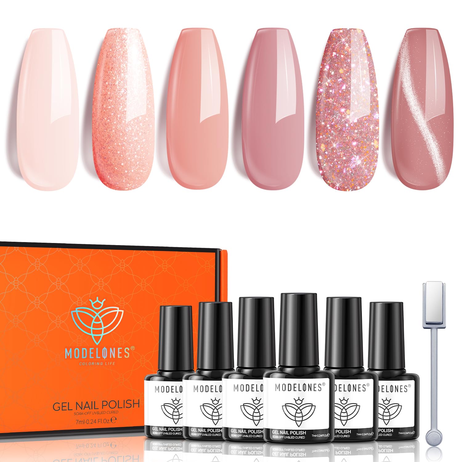 Gel Nail Polish 6 Colors Nude Sparkle Cat Eye Magnetic Gel Polish Glitter Skin Tones Neutral Soak off Manicure DIY Nail Art Salon Home for Women