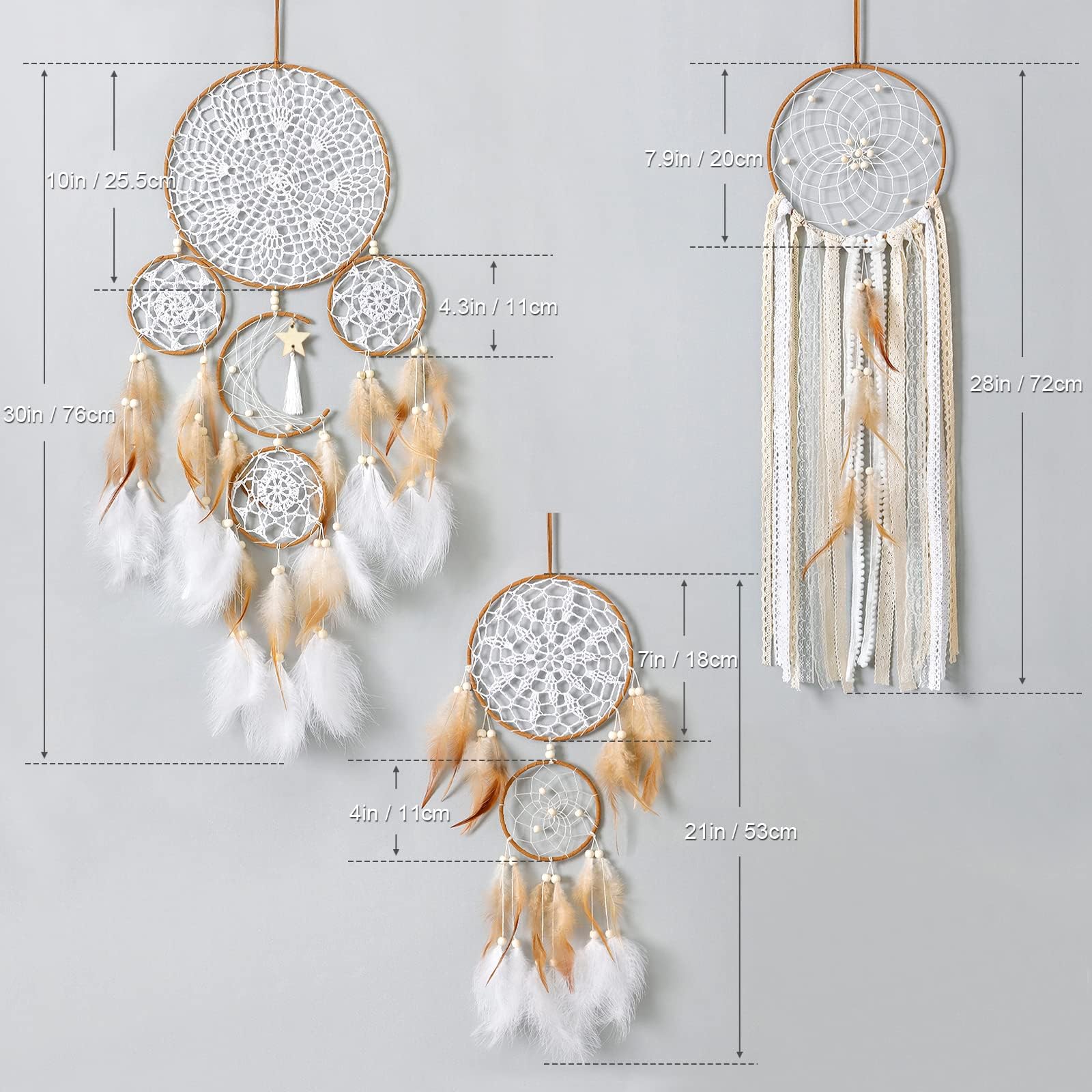 LOMOHOO 5 Pack Traumfänger Mond und Sonne Design Boho Wand hängende Dekoration handgemachte traditionelle Federn Traumfänger für Kinder Schlafzimmer Wohnen Home Dekoration (Braun) (5 stück-Brown)