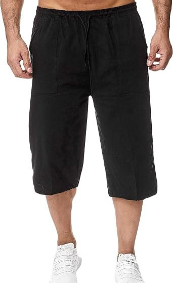 Wanzetaly Mens Casual Soft Linen Long Shorts Knee Length Sport Running Lounge Work Shorts Capri Pant