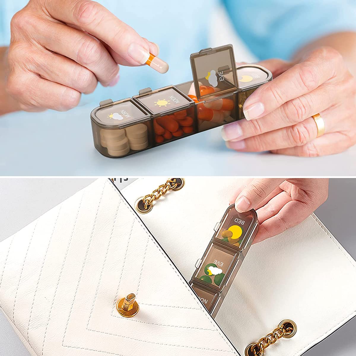 Pilulier hebdomadaire 4 fois par jour, conteneur à médicaments 7 jours avec couvercle, compact, 28 compartiments hermétiques, étanche à l'humidité, poche de voyage quotidienne, ouverture facile