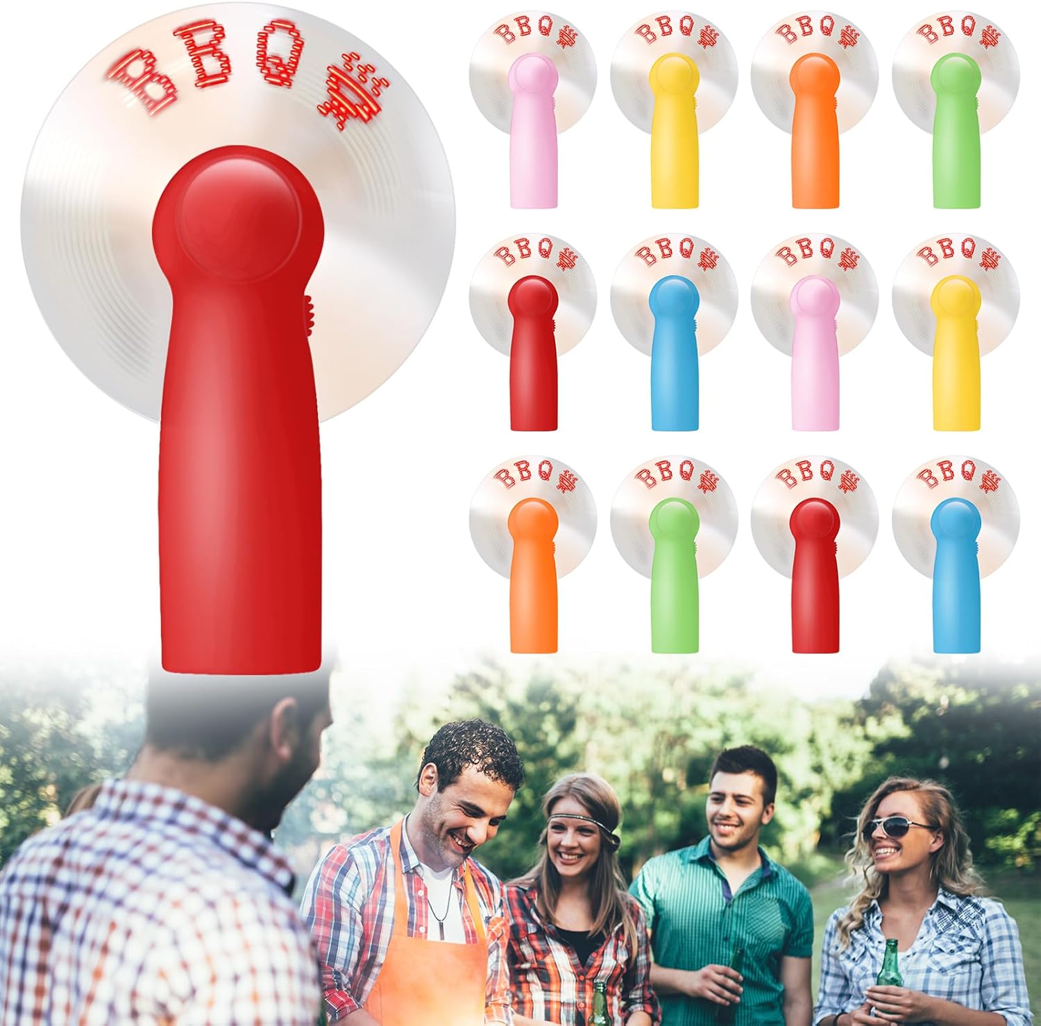 Rossesay 12 Pcs Mini Fans Bulk BBQ Party Favors, BBQ LED Glow Light up Message Personal Handheld Battery Powerful Fans Summer Gift For travel Office Outdoor Ceremony