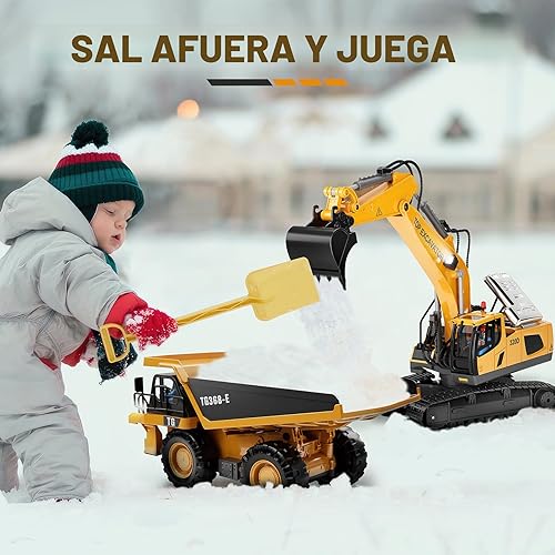 Miniatura 6 de Excavadora de juguete con control remoto para niños Camión de construcción de metal de 11 canales con luces, 2 baterías de 1200 mAh, tiempo