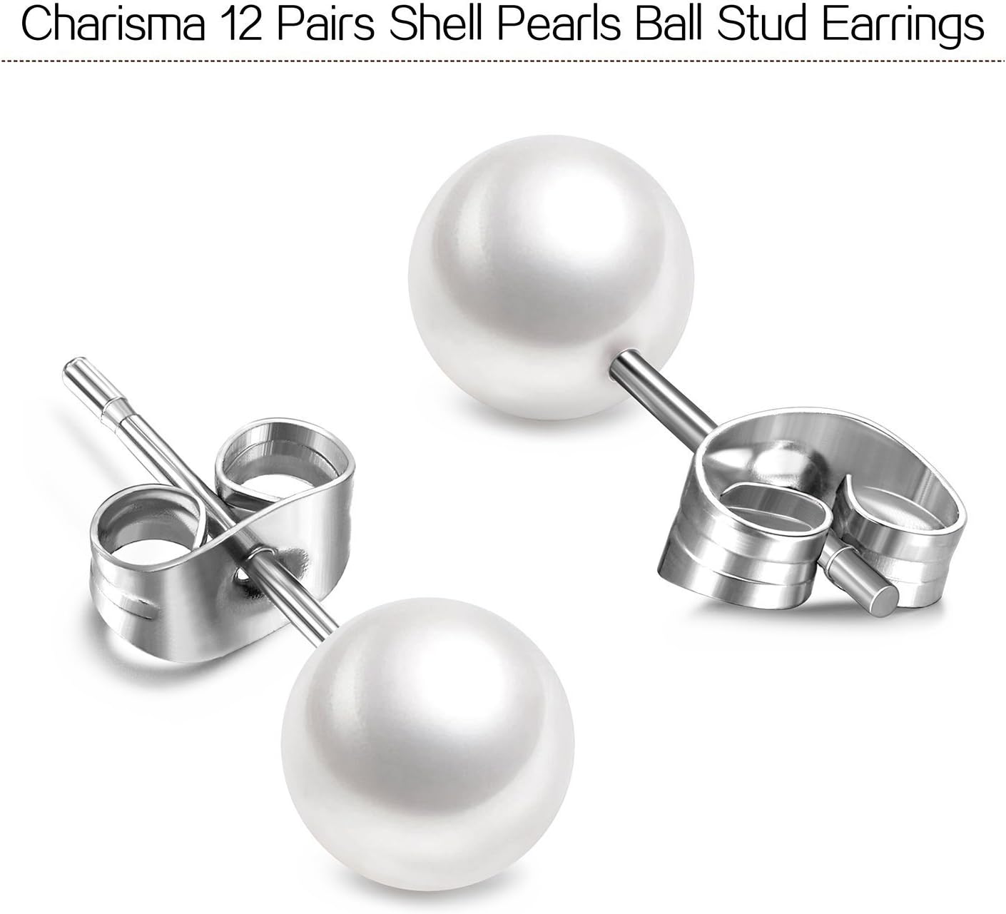 Charisma 8mm Composite Pearl Earrings Round Ball Pearls Stud Earrings Hypoallergenic 12 Pairs Imitation Pearl Earrings Set for Women