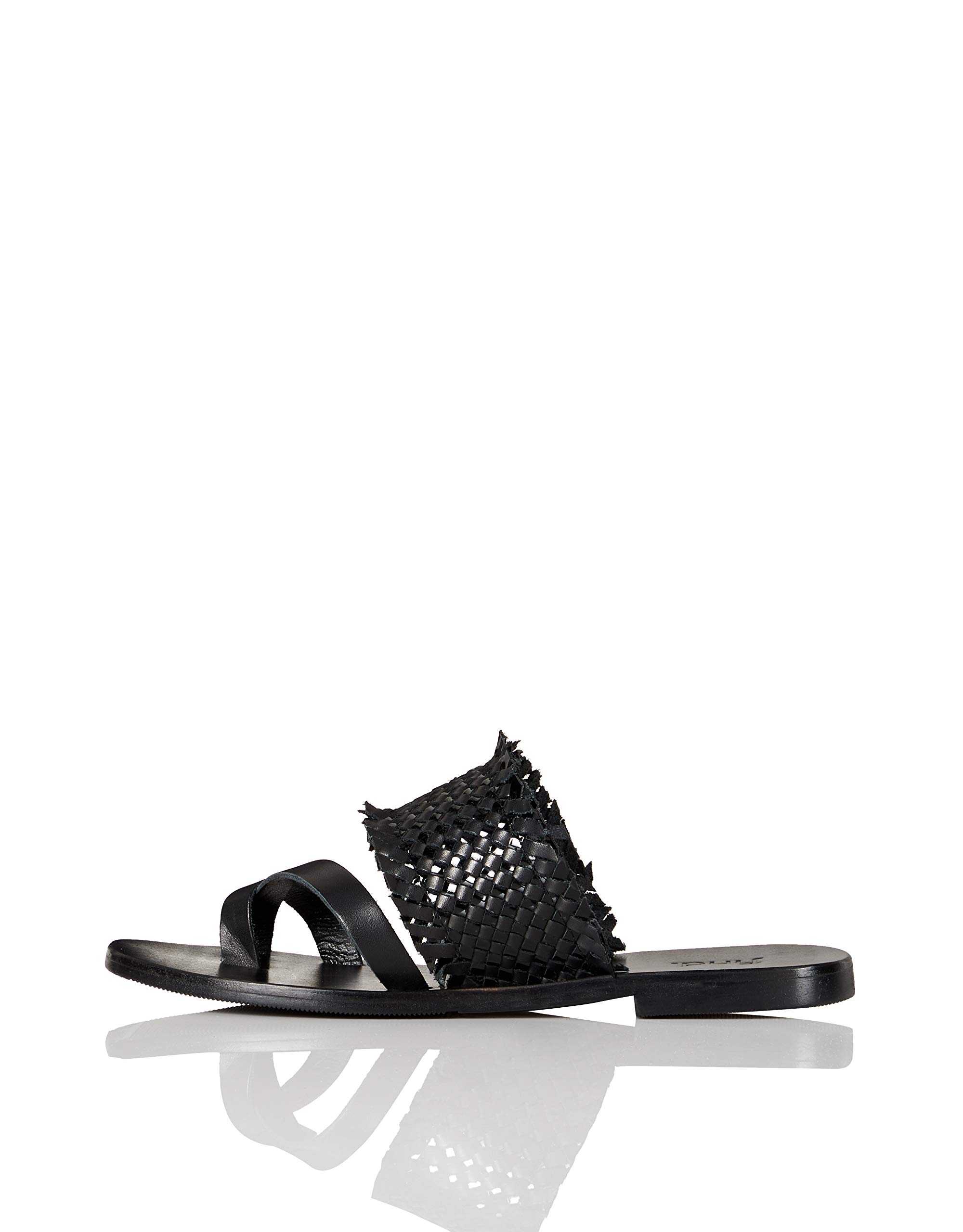 FIND Flat Toe Thong Weave Leather Sandal, Women’s Open Sandals, Black, 6 UK (39 EU)