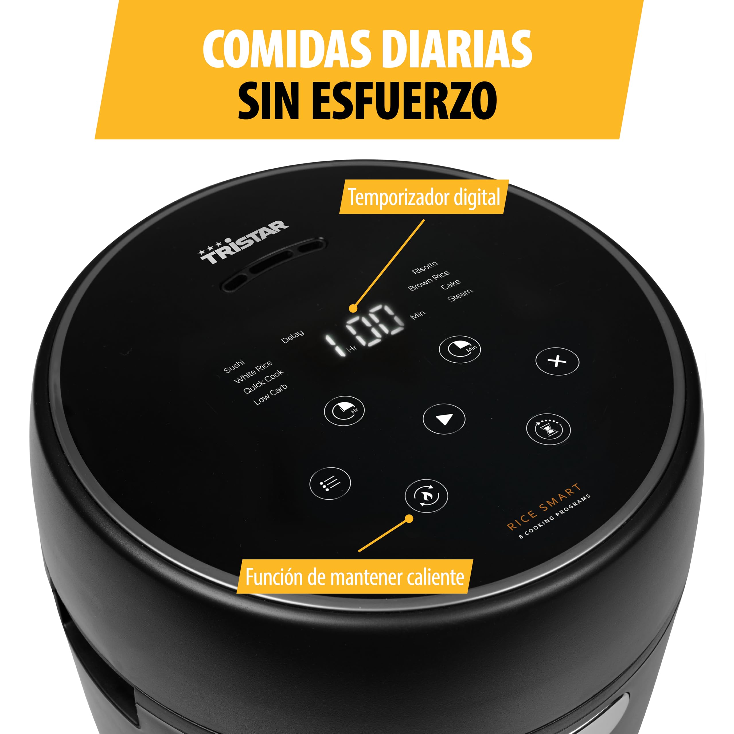 Tristar Arrocera Digital con Función Low Carb, 8 Programas Automáticos, Capacidad de 0,6 L de Arroz, Panel Digital, Fácil de Limpiar, RK-6238