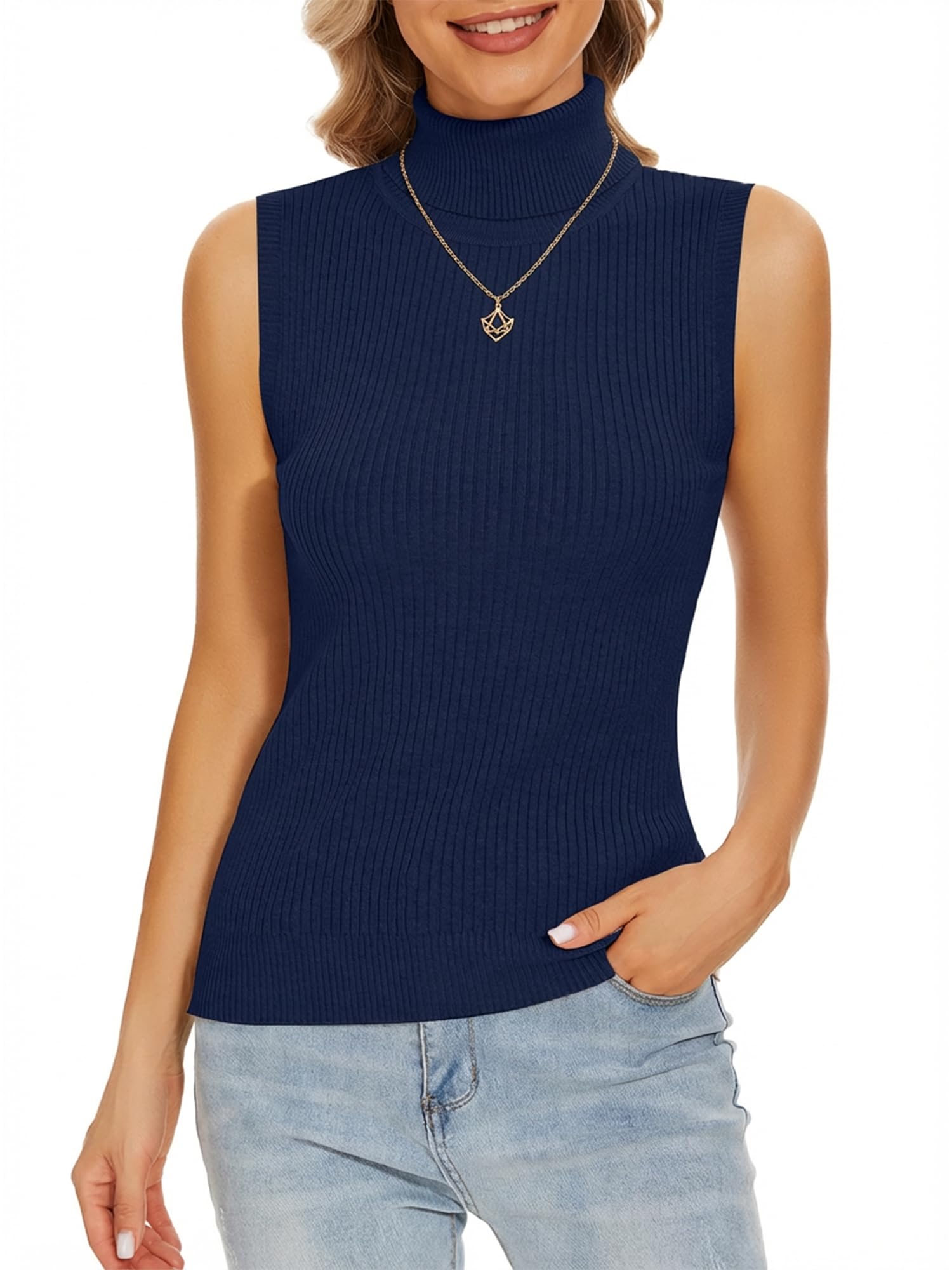 Biffxeu Sleeveless Turtlenecks Tops for Women Lightweight Knit Sleeveless Vest Stretchy Turtleneck