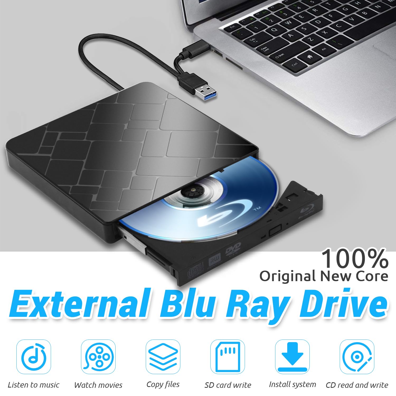 Lecteur Blu-Ray Externe, Lecteur Blu Ray Externe Portable USB 3.0 et Type-C Lecteur Blu Ray 3D Graveur BD Lecteur CD DVD Drive Player, Slim Optical Bluray Drive Reader pour Windows XP/7/8/10/11