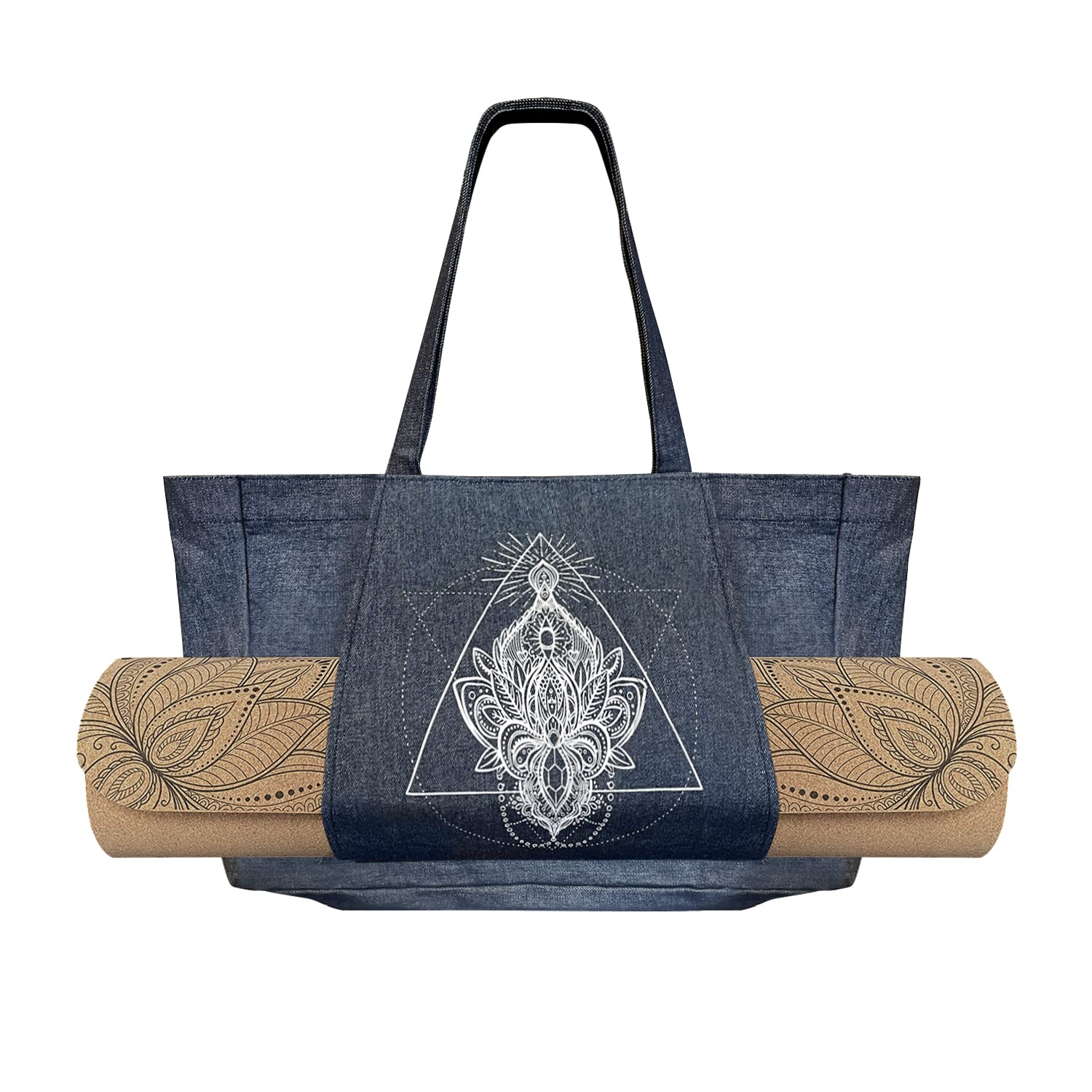 Burro Chakra Themed Yoga Mat Cotton Tote Bag with Mat Carrier Pocket Extra Pocket Inside (YB105 DENIM)