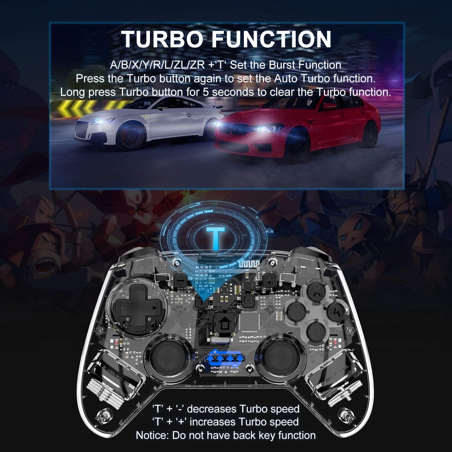 Joso Game Controller for iPhone, Android, Tesla, PC, iPad, MacBook, Transparent Bluetooth Wireless Gamepad Joystick with RGB Colorful Lights for iOS, MFi Games, Arcade, Turbo Function, Direct Play