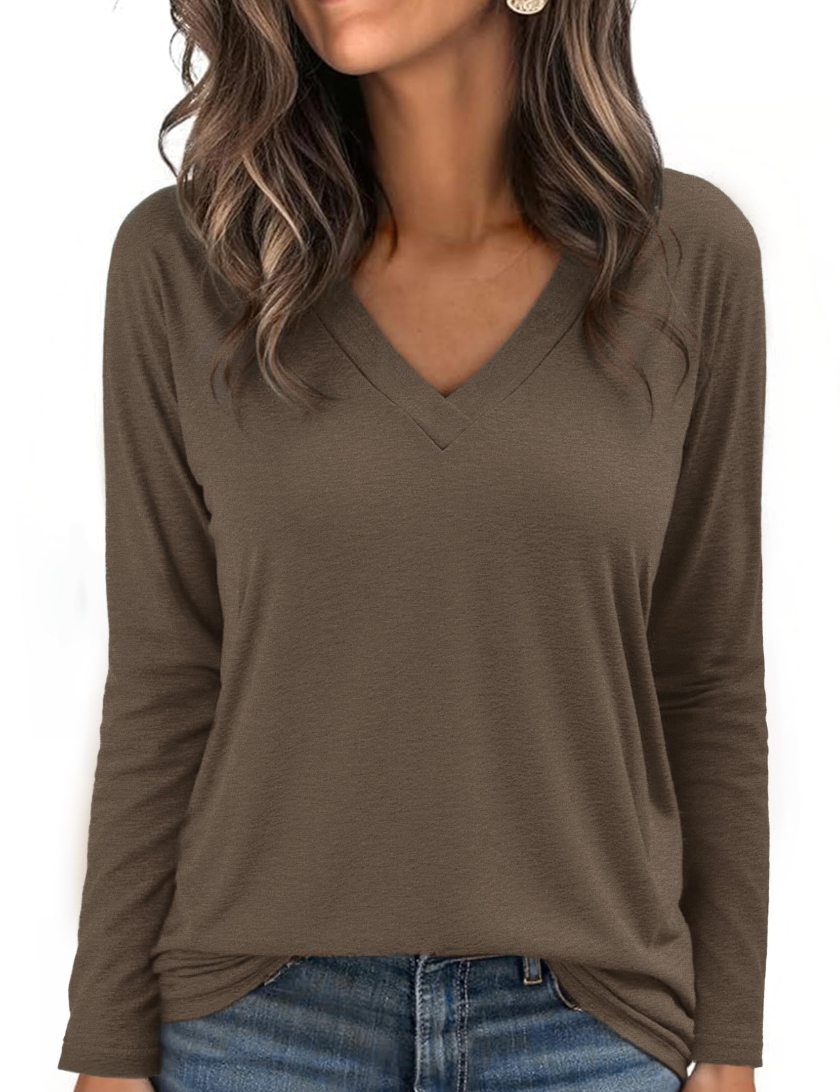 Aottori Langarmshirt Damen V-Ausschnitt Oberteile Oversized Langarm Shirt Elegant Lose Longshirt T-Shirt Pullover Einfarbig Basic Top Frühling Herbst