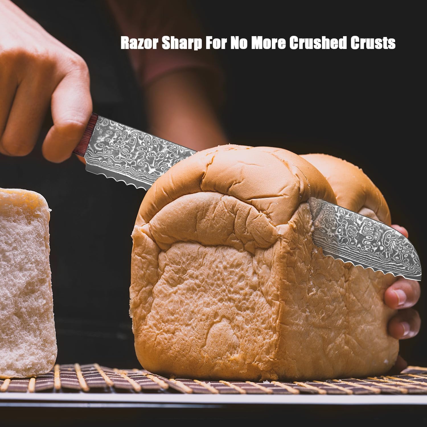 COOKLET'S Bread Knife, Professional VG10 Damascus High Carbon Stainless Steel Bread Cutting Knife, 8 Inch Serrated Cake Knife Bread Cutter, G10 Ergonomic Color Wooden Handle with Gift Box