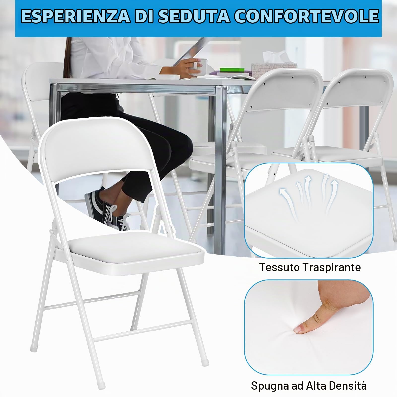 Set di 6 Sedie Pieghevoli, Imbottite, Portata Fino a 160 kg, Comodo ed Stabili Sedia Pieghevole per Giardino, Esterno, Campeggio, Balcone Interni, Ufficio, Feste, bianco