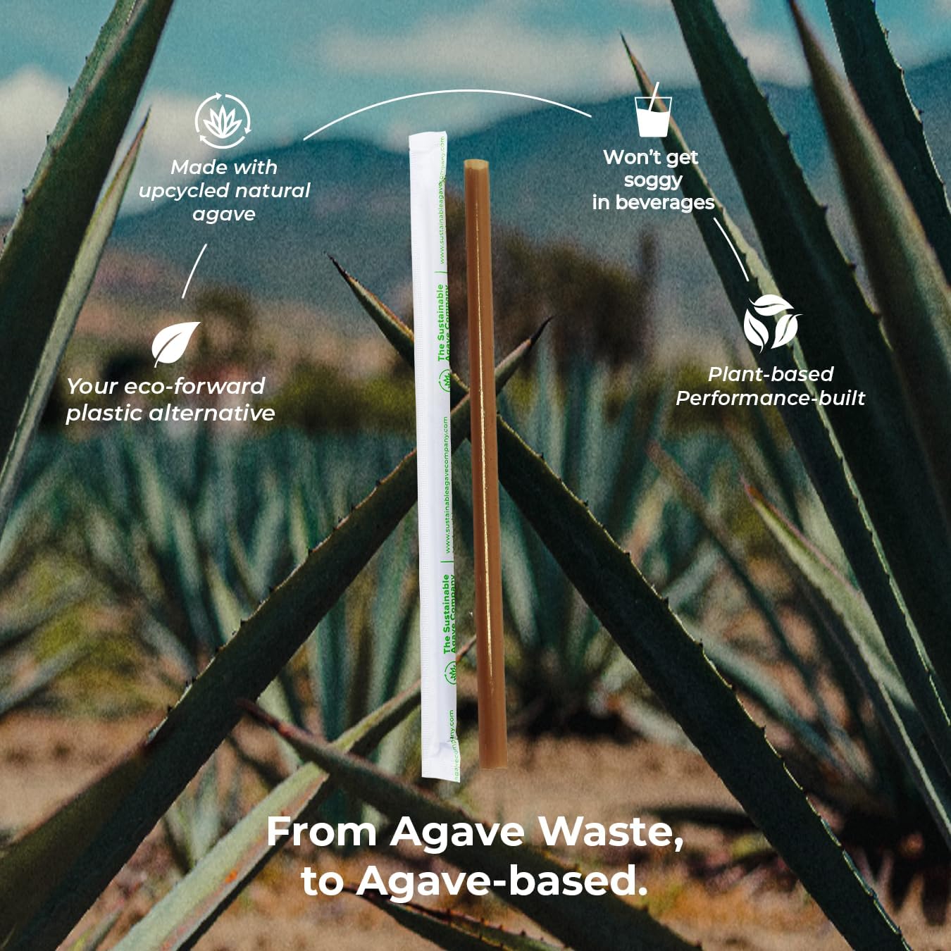 Sustainable Agave Co - Agave Fiber Invidivually Wrapped Drinking Straws - 1500 Count - Plant-Based, Made With Upcycled Materials, Reusable - Brown, Regular, 8"