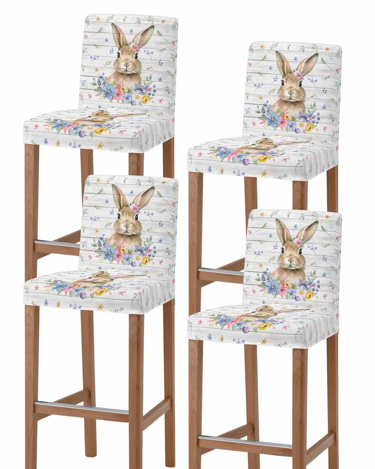 PIEPLE Spring Summer Bar Stool Cover Set of 4, Stretch Removable Bar Stool Chair Covers with Backs Pub Counter Stool Chair Slipcover for Dining Room Cafe Easter Bunny Farmhouse Woodgrain Flower