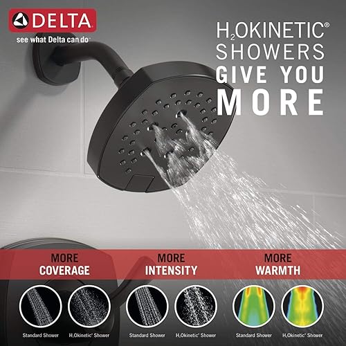 Miniatura 6 de Delta Faucet Stryke Serie 14 Juego de grifos de ducha de una sola función, cabezal de ducha H2Okinetic de un solo rociador, grifo de ducha negro,