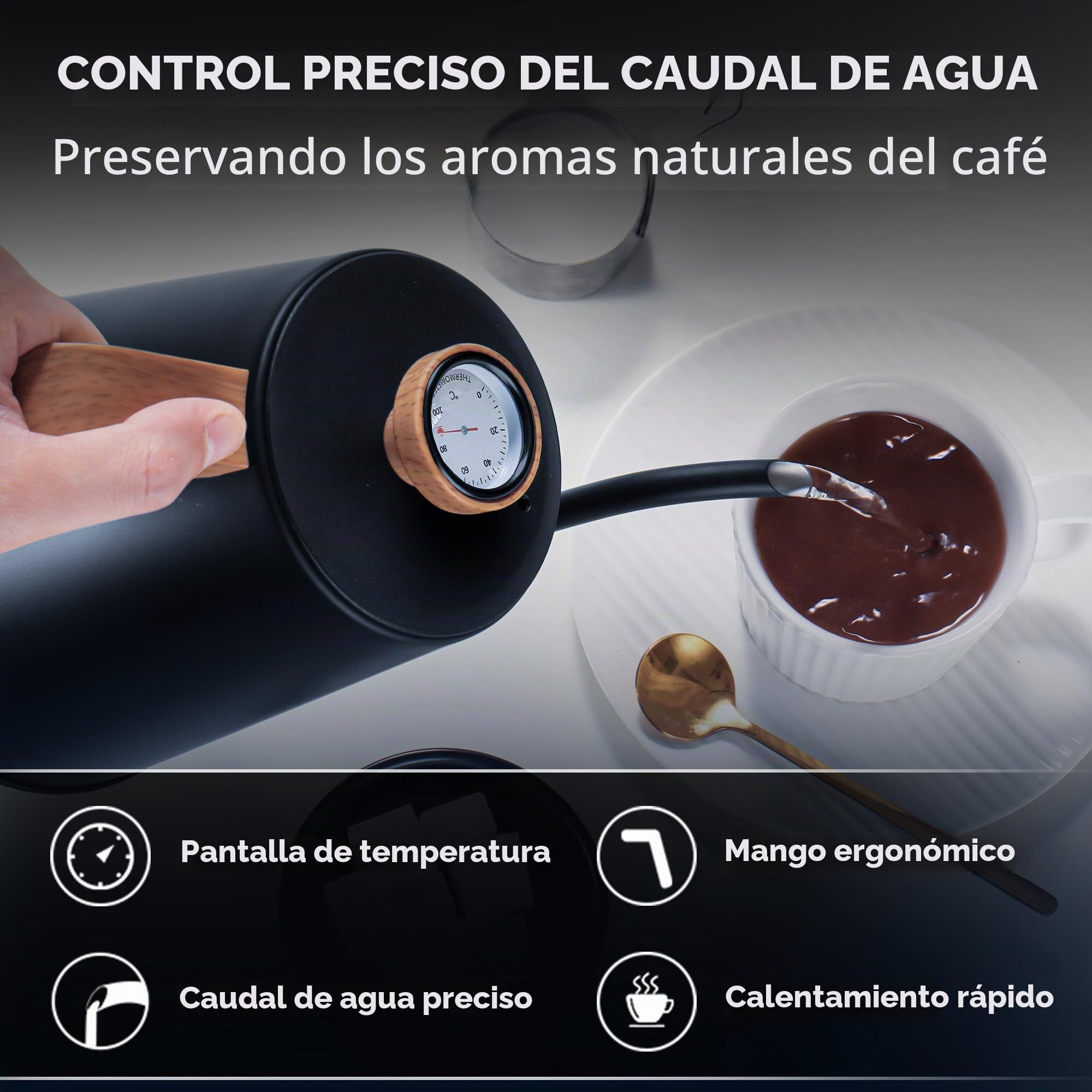 DmofwHi Hervidor Eléctrico de Cuello de Cisne de 1L con Termómetro, 1000W Tetera Electrica de Acero Inoxidable, Apagado Automático, Hervidor de Agua Para Café y Té, Negro