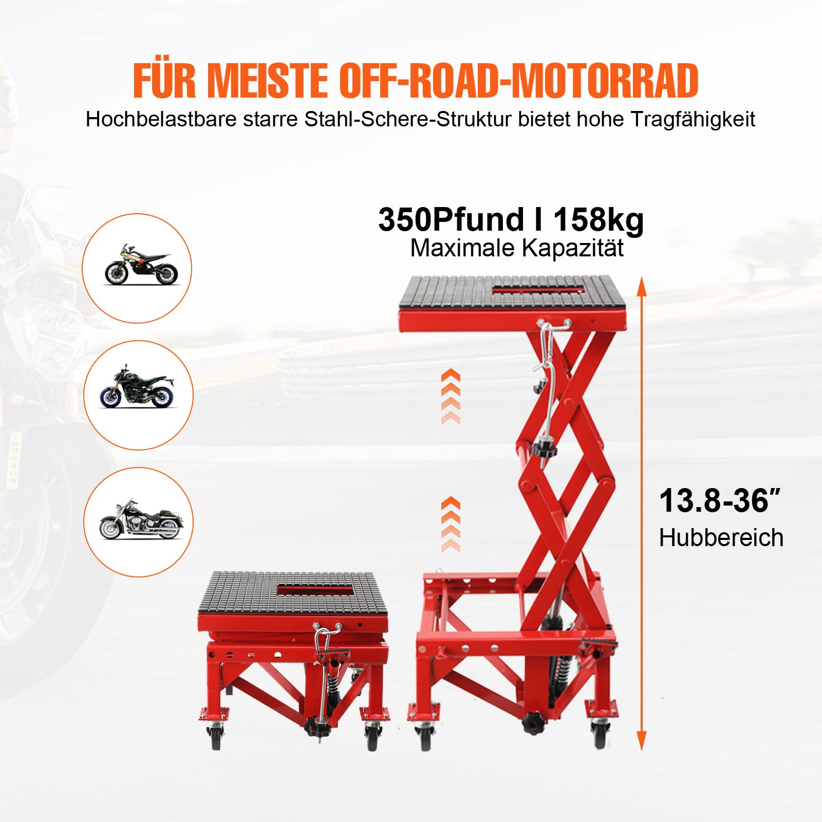 Sollevatore Idraulico per Moto con Pedale, Cavalletto Centrale a Pantografo per Moto, ATV, Enduro – Regolazione Altezza 350‑905 mm, Carico Max 158 kg, con 4 Ruote e Rotelle Universali
