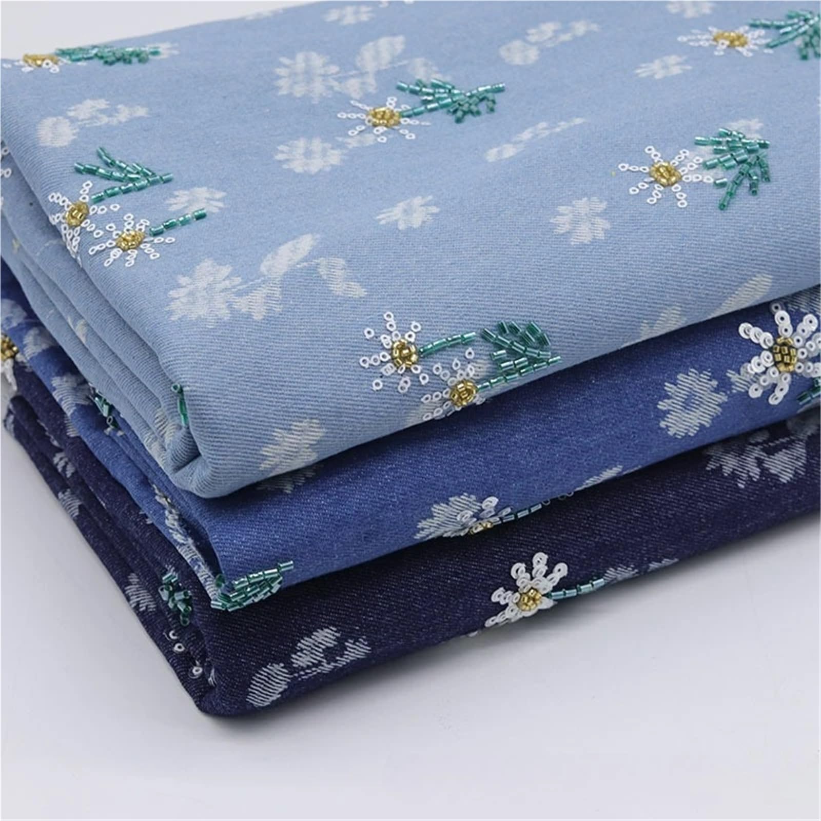 Tela Vaquera De AlgodóN Tela vaquera bordada con cuentas florales for coser chaquetas abrigos bolsos ropa Tela De Costura(Light Blue,90cmX150cm (1yard))
